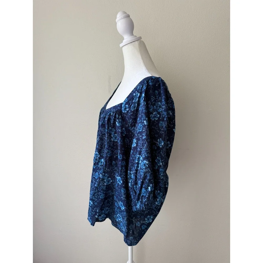 Old Navy Blue Floral Peasant Top 2X Square Neck Smocked Back Cotton Rayon Blouse